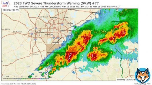 FWD updates Severe Thunderstorm Warning [wind: 60 MPH (RADAR INDICATED), hail: 1.25 IN (RADAR INDICATED)] (cancels Dallas [TX], continues Ellis, Kaufman [TX]) till 8:15 PM CDT
