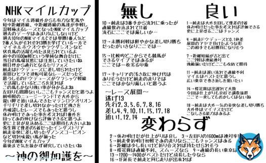 明日は予想大会もある事だし、NHKマイルの　#予言の調教　だよ  RTが1500を超えたら新潟大賞典も出すよ  当然優勝は高山だし、神のお告げもあるから勝てると思うよ  負けた時は神の悪戯しかないけど、高山の[予言]って言った時はほぼ問題ないって事忘れないで  競馬が好きなみんなへ 〜神の御加護を〜