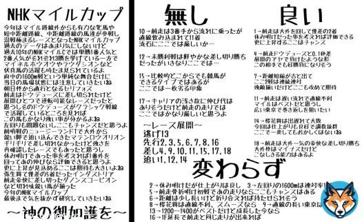明日は予想大会もある事だし、NHKマイルの　#予言の調教　だよ  RTが1500を超えたら新潟大賞典も出すよ  当然優勝は高山だし、神のお告げもあるから勝てると思うよ  負けた時は神の悪戯しかないけど、高山の[予言]って言った時はほぼ問題ないって事忘れないで  競馬が好きなみんなへ 〜神の御加護を〜
