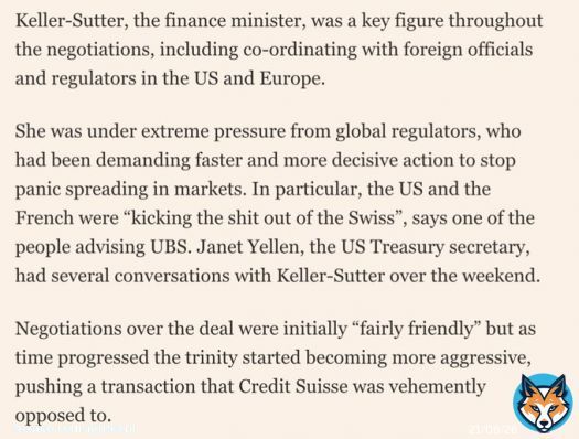 They were forced to sell themselves to UBS, and the govt changes the Swiss laws to get it done quickly, while Janet Yellen breathed down their neck.   American financial empire in action.   National finance ministers are errand boys of the US at thispoint.