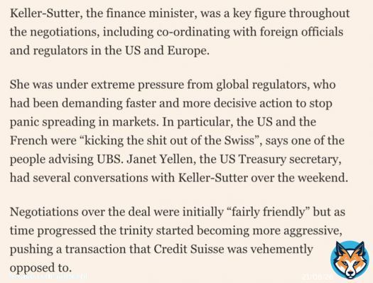 They were forced to sell themselves to UBS, and the govt changes the Swiss laws to get it done quickly, while Janet Yellen breathed down their neck.   American financial empire in action.   National finance ministers are errand boys of the US at thispoint.