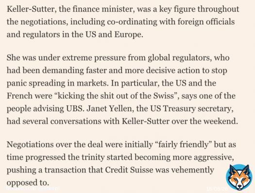 They were forced to sell themselves to UBS, and the govt changes the Swiss laws to get it done quickly, while Janet Yellen breathed down their neck.   American financial empire in action.   National finance ministers are errand boys of the US at thispoint.