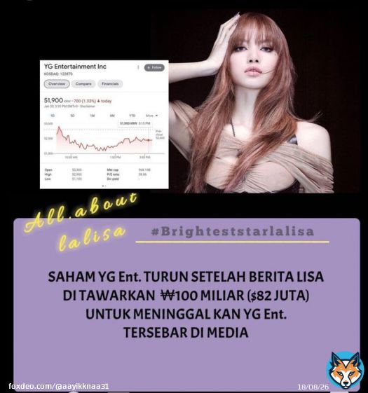 The Lisa hasn't been released yet, it's just a rumor, how come YG shares have dropped,What if Lisa really comes out ???,  LISA LEAVE YG #GetThatMoneyLISA #FreeYourselfLISA