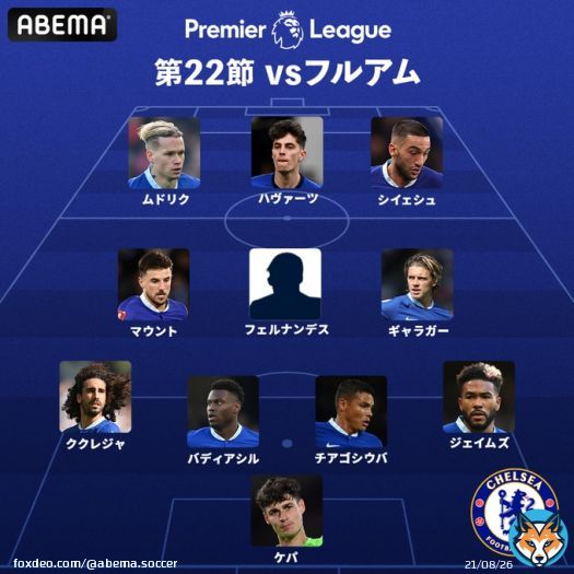 #プレミアリーグ 第22節  #チェルシー VS #フルアム   【チェルシーのスタメン】  FIFA ワールドカップ カタールで活躍した #エンソ・フェルナンデス が スタメン出場！ どんなプレーを披露するのか!?  ここから視聴\u25b7    #ABEMAでプレミアリーグ  #ABEMAで最高峰のサッカーを