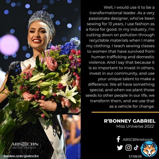 &ldquo;If you win Miss Universe, how would you work to demonstrate this as an empowering and progressive organization?&rdquo;  Here is Miss USA R'Bonney Gabriel&rsquo;s winning answer in the final Question and Answer portion of the #71stMissUniverse..  #MissUniverse2022 #ABSCBN