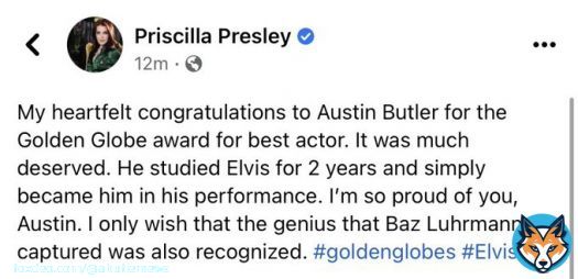 Priscilla Presley congratulations Austin Butler on his #GoldenGlobes win.