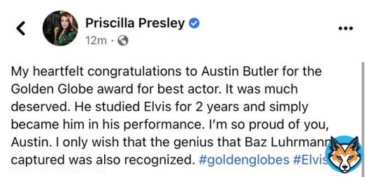 Priscilla Presley congratulations Austin Butler on his #GoldenGlobes win.