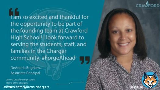 Please give a heartfelt Charger welcome to DeAndria Brigham, Associate Principal for Crawford HS!  She will lead much of the work to launch ACHS, including building our schedule and playing a key role in hiring the best staff. Welcome, DeAndria! ⁦@FortBendISD⁩ #ForgeAhead