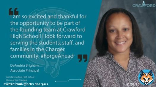 Please give a heartfelt Charger welcome to DeAndria Brigham, Associate Principal for Crawford HS!  She will lead much of the work to launch ACHS, including building our schedule and playing a key role in hiring the best staff. Welcome, DeAndria! ⁦@FortBendISD⁩ #ForgeAhead