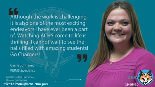 Please give a Charger welcome to Carrie Johnson, our PEIMS Specialist. PEIMS stands for 'Public Education Information Management System', which is all about ensuring that our students' data are reported accurately to help monitor & ensure studentent success. @FortBendISD #ForgeAhead