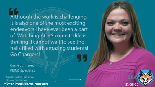 Please give a Charger welcome to Carrie Johnson, our PEIMS Specialist. PEIMS stands for 'Public Education Information Management System', which is all about ensuring that our students' data are reported accurately to help monitor & ensure studentent success. @FortBendISD #ForgeAhead
