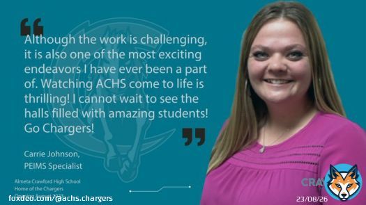 Please give a Charger welcome to Carrie Johnson, our PEIMS Specialist. PEIMS stands for 'Public Education Information Management System', which is all about ensuring that our students' data are reported accurately to help monitor & ensure studentent success. @FortBendISD #ForgeAhead