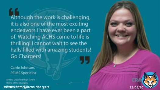 Please give a Charger welcome to Carrie Johnson, our PEIMS Specialist. PEIMS stands for 'Public Education Information Management System', which is all about ensuring that our students' data are reported accurately to help monitor & ensure studentent success. @FortBendISD #ForgeAhead