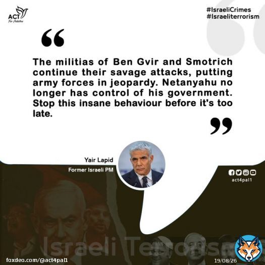 'The militias of Ben Gvir and Smotrich continue their savage attacks, putting army forces in jeopardy. #Netanyahu no longer has control of his government. Stop this insane behaviour before it's too late.'  Yair Lapid, former #Israeli PM #IsraeliCrimeimes  #IsraeliApartheid