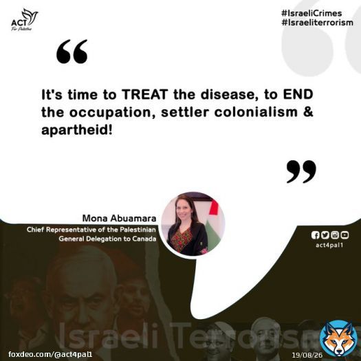 'It's time to TREAT the disease, to END the #occupation, settler #colonialism & #apartheid!'  @MonaAbuamara, Chief Representative of the #Palestinian General Delegation to #Canada  #IsraeliCrimes  #IsraeliApartheid