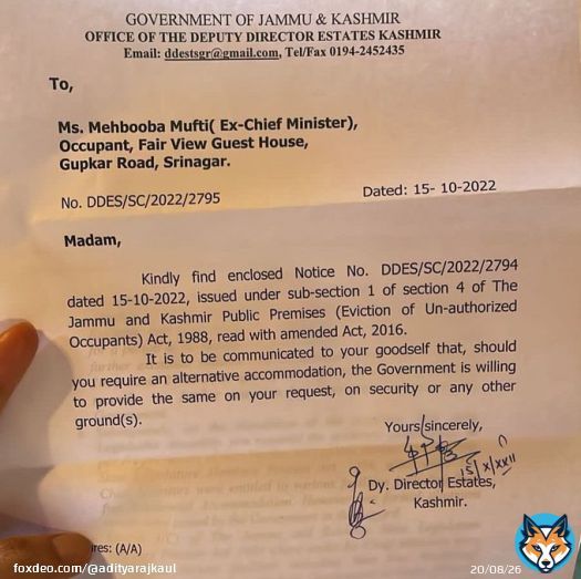 #BREAKING: Mehbooba Mufti has been asked to immediately vacate her palatial bungalow of Gupkar Road at Fairview. Good move by J&K Govt. You can&rsquo;t enjoy Govt luxury and then sing to the tune of for Pakistani propaganda. Gupkar Gang Elites for long have enjoyed it. Go to Nowgam.