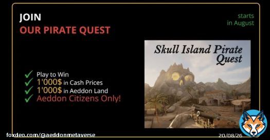 Exciting news! #PirateQuest has arrived!   Celebrate with us and Play to Win!   $1'000$ Cash Prize Pool  $1'000$ Metaverse Land  To enter: 1) Visit our Mint Page:  2) Mint an Aeddon Citizenship 3) Register your Email