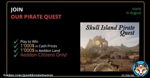Exciting news! #PirateQuest has arrived!   Celebrate with us and Play to Win!   $1'000$ Cash Prize Pool  $1'000$ Metaverse Land  To enter: 1) Visit our Mint Page:  2) Mint an Aeddon Citizenship 3) Register your Email