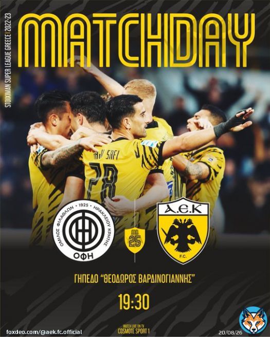 MATCHDAY  @OFI_Crete  19:30 AEK FC Social media & Website  25&eta; &Alpha;&gamma;&omega;&nu;&iota;&sigma;&tau;&iota;&kappa;ή @super_league_gr  #ofiaek #aekfc #aekfcseason2022_23#slgr
