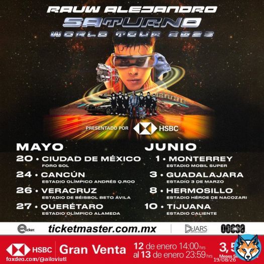 Rauw Alejandro Saturno World Tour  Foro Sol, CDMX M&eacute;xico  Precios ya con cargos  INNER CIRCLE  $3,216 VIP GENERAL A  $1,908 GENERAL B  $1,068 VERDE A  $1,908 NARANJA A  $1,308 VERDE B  $1,176 NARANJA B  $1,008 VERDE C  $696 NARANJA C  $576  #RauwAlejandro