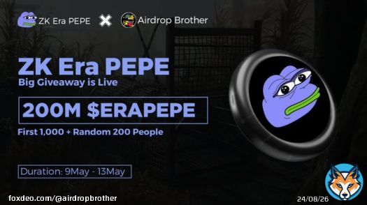 ZK Era PEPE X Airdrop Brother #FCFS #Airdrop   Prize Pool- 200M $ERAPEPE   Giveaway Link:    End 13 May  #Giveaway #Giveaways #Airdrops #zkSync #zkSyncEra #zkTwitFi #pepecoin #PEPE #pepeai #memecoin #Sui #SHIBAI #BRISE #Bitcoin #cryptocurrency #NFT