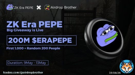 ZK Era PEPE X Airdrop Brother #FCFS #Airdrop   Prize Pool- 200M $ERAPEPE   Giveaway Link:    End 13 May  #Giveaway #Giveaways #Airdrops #zkSync #zkSyncEra #zkTwitFi #pepecoin #PEPE #pepeai #memecoin #Sui #SHIBAI #BRISE #Bitcoin #cryptocurrency #NFT