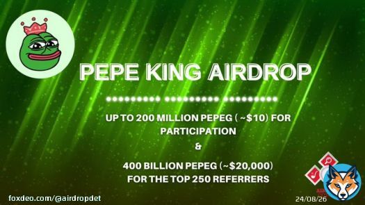 Pepe King #Airdrop  Reward: Up to 200M PEPEG (~$10) + 400B PEPEG (~$20K) referral pool   Start the airdrop bot    Do the tasks on the bot & submit your data   Details:   #Airdrops #AirdropDet #PepeKing #Bitcoin #AirdropDet
