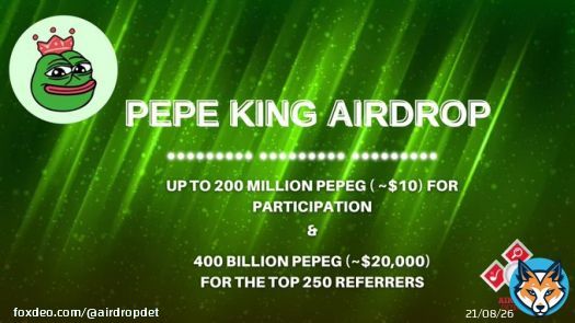 Pepe King #Airdrop  Reward: Up to 200M PEPEG (~$10) + 400B PEPEG (~$20K) referral pool   Start the airdrop bot    Do the tasks on the bot & submit your data   Details:   #Airdrops #AirdropDet #PepeKing #Bitcoin #AirdropDet