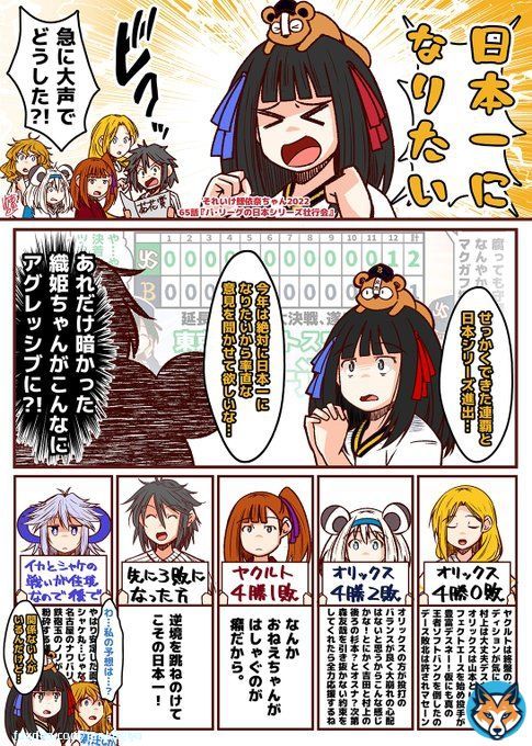 それいけ鯉依奈ちゃん 2022 第６５話『パ・リーグの日本シリーズ壮行会』  菊花賞の予想で沸くパ・リーグの仲間たちを前に ついに織姫ちゃんが自分の殻を破ってオリックスが日本一になりたいと叫ぶ。 織姫ちゃんの成長を見届けた愉快な仲間たちは 各々の予想を述べるのでした。  #それいけ鯉依奈ちゃん