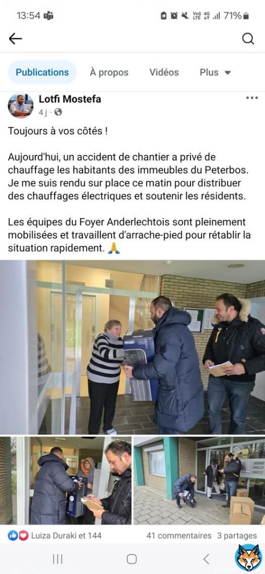 Lotfi Mostefa, ex président du CPAS d’Anderlecht et actuel président du foyer anderlechtois, distribue en main propre des chauffages aux habitants du Peterbos. Est-ce vraiment le rôle d’un président de CA que de faire cela ? ⁦@PSofficiel⁩