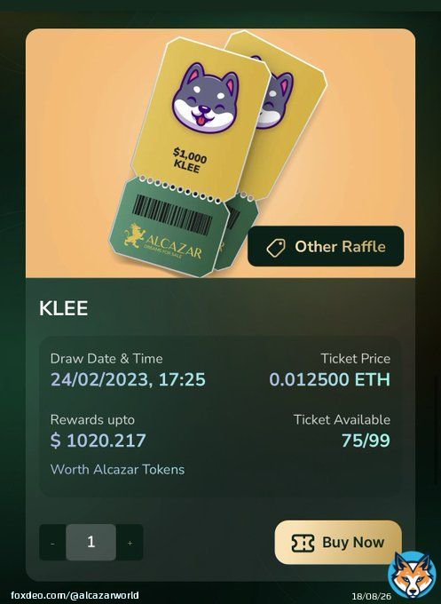 WHO WANTS $1000 in @KleeKaiETH ?  HEAD OVER TO    FOR A CHANCE TO WIN $1000  75/99 TICKETS REMAINING   #KLEE #ALCAZAR #WEB3RAFFLE #BNB #ETH #Bitcoin