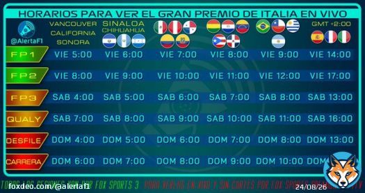 HORARIOS DEL #ITALIANGP    Todas las sesiones van EN VIVO por Fox Sports 3 para .   Sin cortes por Fox Sports Premium y Star+ para el resto de Latinoam&eacute;rica.   Para  Movistar y en linea F1TV para el resto del mundo.