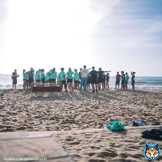 Photo shared by Alex Popp on January 15, 2024 tagging @vfl.wolfsburg.frauen. May be an image of 19 people, wetsuit, beach, ocean, crowd and water.
