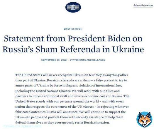 Президент США Джо Байден анонсував 'швидкі та важкі' антиросійські санкції у відповідь на &laquo;референдуми&raquo;
