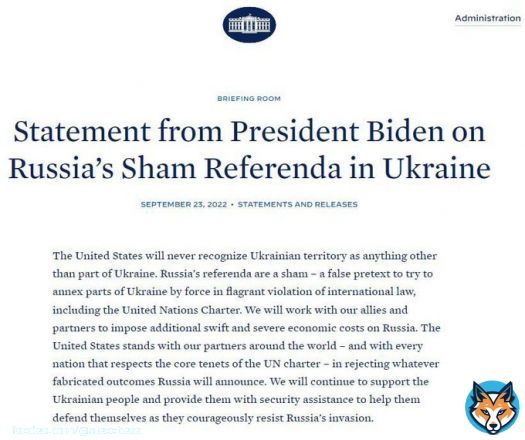 Президент США Джо Байден анонсував 'швидкі та важкі' антиросійські санкції у відповідь на &laquo;референдуми&raquo;