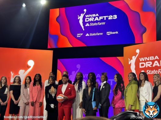 2023 WNBA Draft invitees getting a photo op with Jake from State Farm. #WNBATwitter