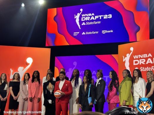2023 WNBA Draft invitees getting a photo op with Jake from State Farm. #WNBATwitter