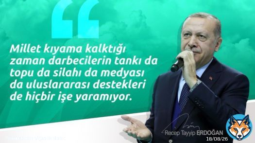 'Millet kıyama kalktığı zaman darbecilerin tankı da, topu da, silahı da, medyası da, uluslararası destekleri de hi&ccedil;bir işe yaramıyor.'  #GayretineŞahidizErdoğan
