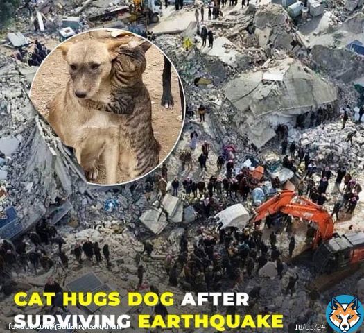 Cat hugs dog after surviving earthquake.