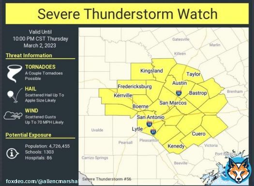 Be careful Austin, San Antonio, and Bastrop friends.  The national Weather service is warning of  severe thunderstorms with up to 'apple-sized' hail and maybe a tornado.