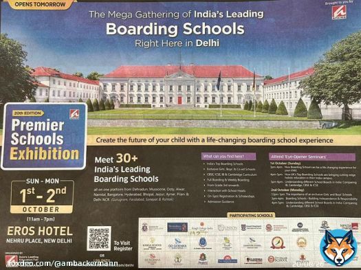 Dear Indian parents - I found this in today&rsquo;s newspaper. But this building is no boarding school! It is the seat of the German President in Berlin. Our Rashtrapati Bhavan as it were. There are good boarding schools also in Germany - but here, no child will be admitted .