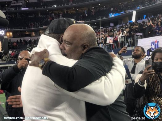 Two legends, Coach Todd and Samples share a moment after Duncanville breaks through.   @SOCFootball1  @Duncanville_Fb