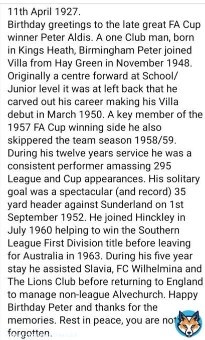 Remembering the great  Peter Aldis. Born On This Day 1927 #PeterAldis #astonvilla #avfc #VillaPark #FACup