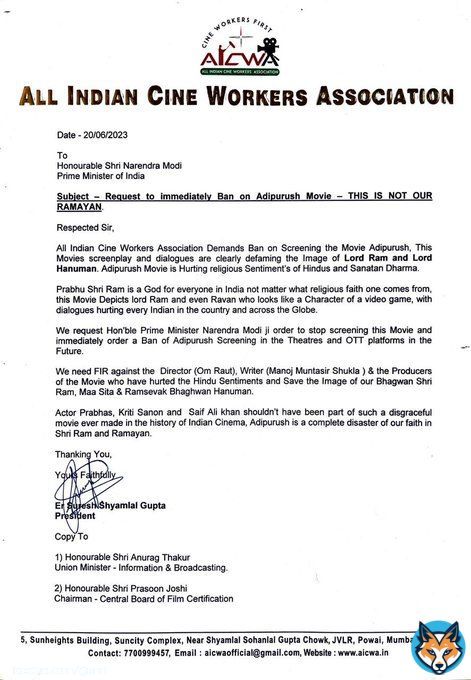 All India Cine Workers Association write to Prime Minister Narendra Modi, requesting him to 'stop screening the movie and immediately order a ban of #Adipurush screening in the theatres and OTT platforms in the future.   'We need FIR against Directoror Om Raut, dialogue writer&hellip;&nbsp;Show more