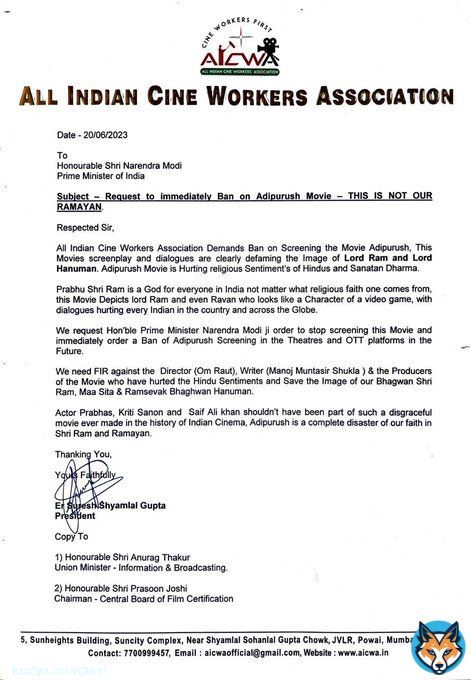 All India Cine Workers Association write to Prime Minister Narendra Modi, requesting him to 'stop screening the movie and immediately order a ban of #Adipurush screening in the theatres and OTT platforms in the future.   'We need FIR against Directoror Om Raut, dialogue writer&hellip;&nbsp;Show more