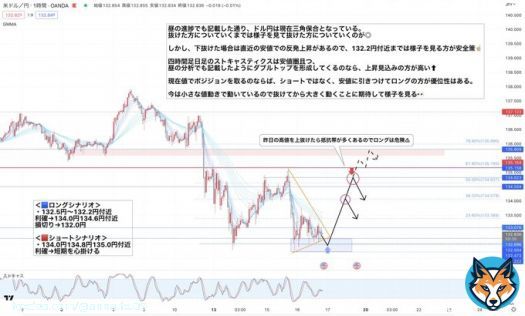 【#ドル円　夜の分析】  昼の進捗通り三角保合を抜けた方について行く  下抜けた場合は抵抗ラインがあるのでそこまで待ってからの反発を狙う  上抜けた場合は上がった所からの戻り売りを狙う  難しい相場ですので慎重に  #FX #ビットコイン　#USDJPY #クレディスイス　#金融危機