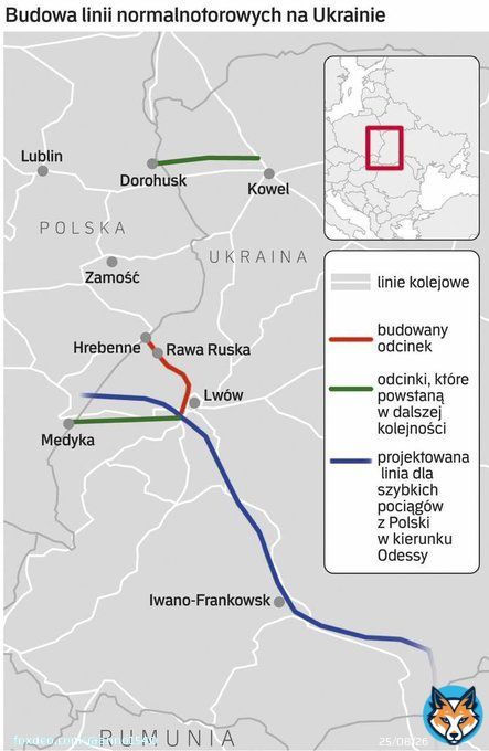 Ukrzaliznytsia plans to build a number of European routes to the border with Poland  Before the end of this year, the construction of the first Eurotrack from Lviv to the border in Ravi-Ruska (red on the map) should be completed, the Polish newspaperRzeczpospolita reports. /1