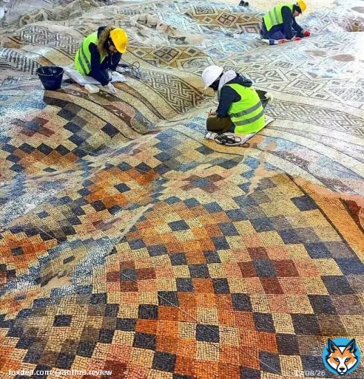 A Roman mosaic in Antakya (Turkey) which survives in beautiful condition (if not entirely undamaged), with an amazing waving pattern caused by earthquakes  Photo: Museum Hotel Antakya