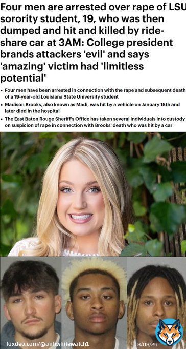 (2023 #USA #LSU) Madison Brooks, also known as Madi, was hit by a vehicle on January 15th and later died after being 'sexually assaulted' by four thugs. #antiwhite #antiwhteism #BlackonWhiteViolence