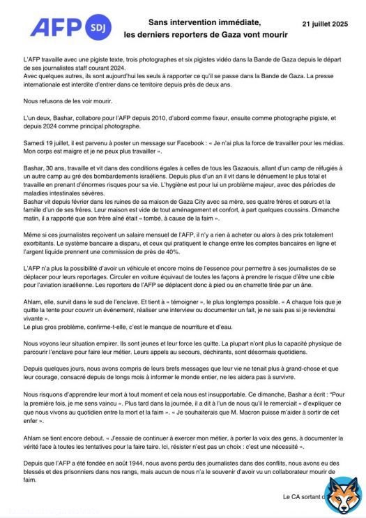 Depuis que l’AFP a été fondée en août 1944, nous avons perdu des journalistes dans des conflits, nous avons eu des blessés et des prisonniers dans nos rangs, mais aucun de nous n’a le souvenir d’avoir vu un collaborateur mourir de faim. Nous refusonsde les voir mourir.